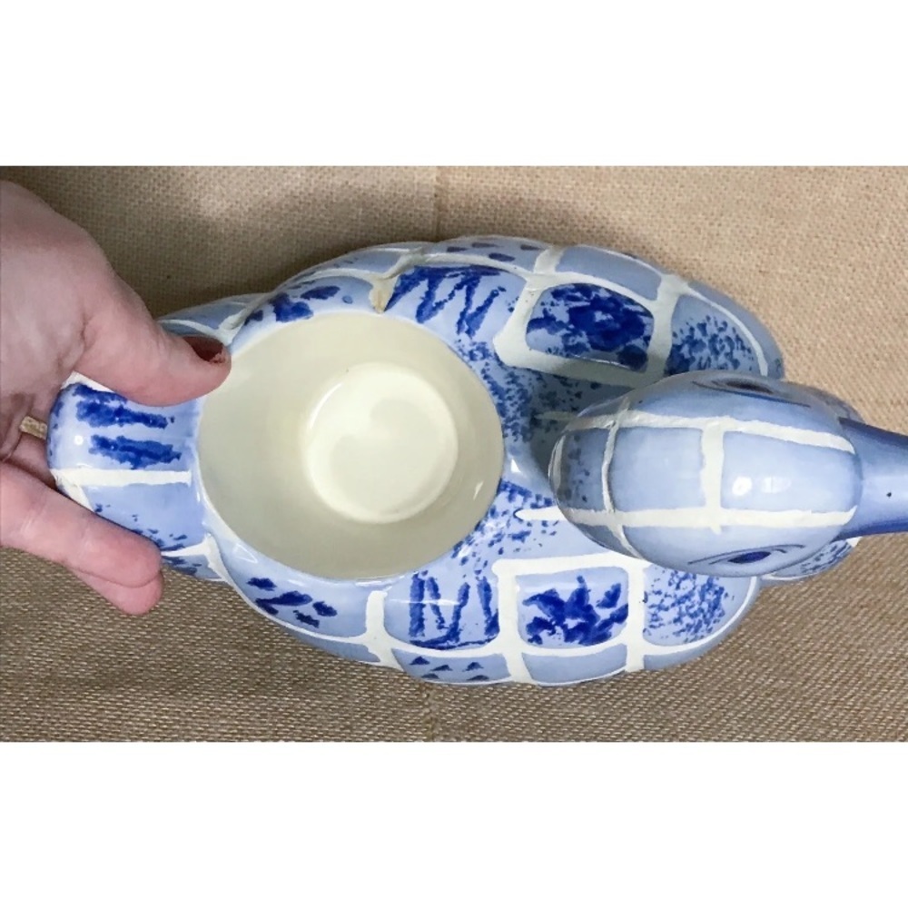 Blue White Tile Ceramic Duck Planter Candy Dish Rustic Country Cottage Farm Core - Picture 7 of 9